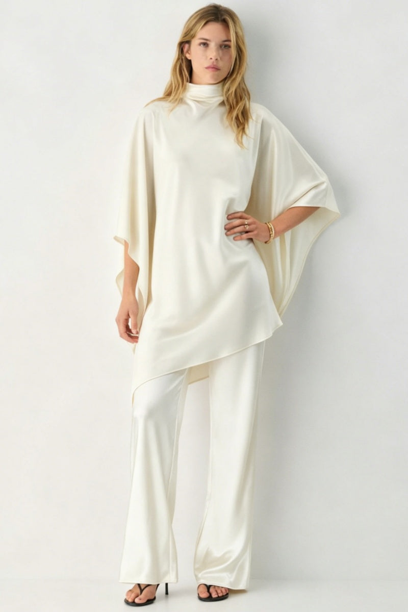 Cape Sleeve Satin Wide-Leg Set