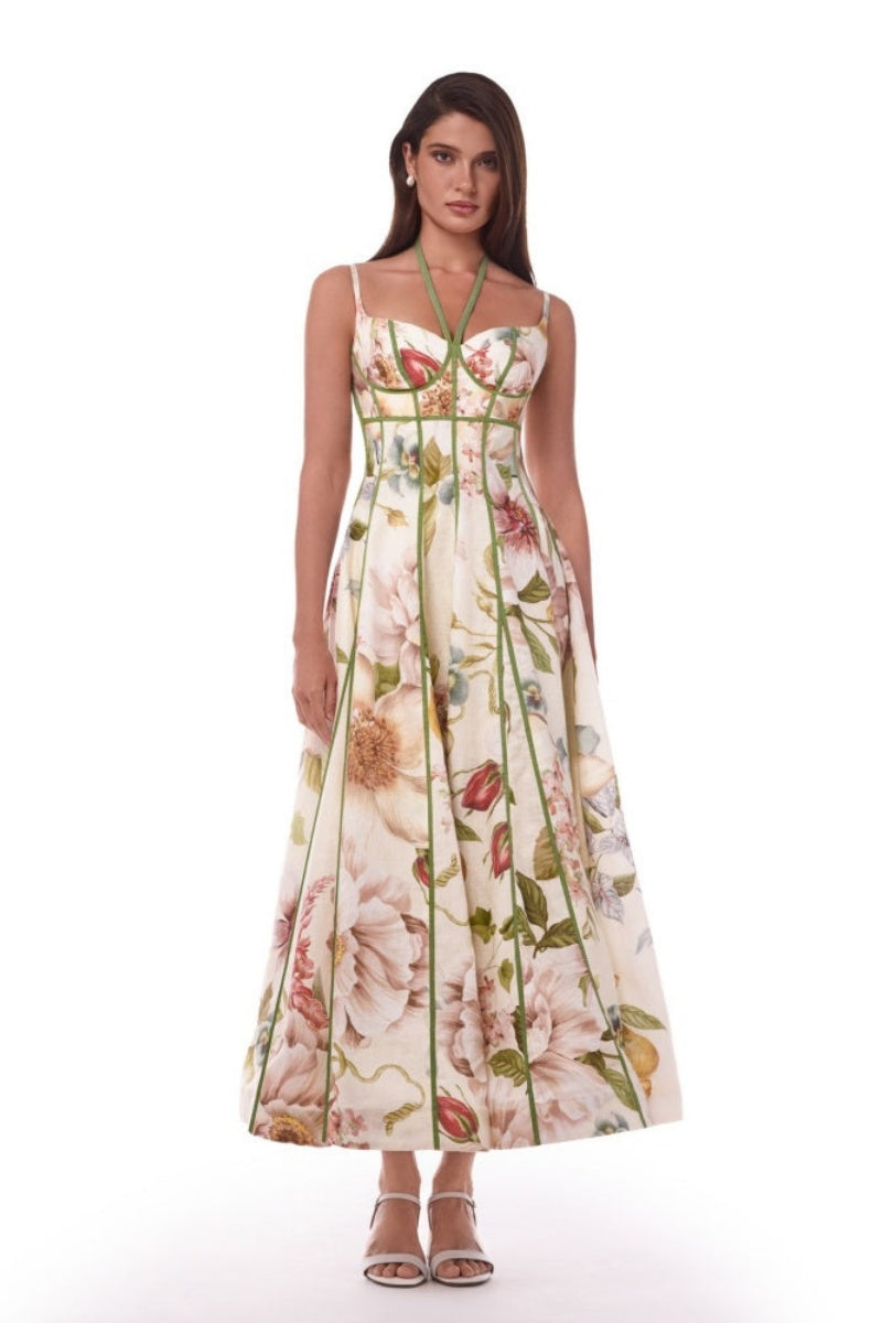 Krämfärgad blommig korsett-bustier midiklänning