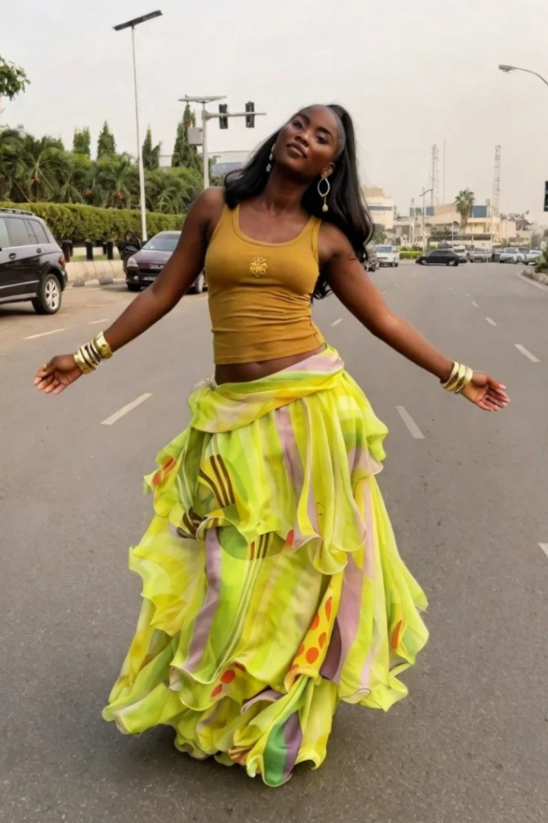 Lemon Yellow Abstract Ruffle Wrap Skirt