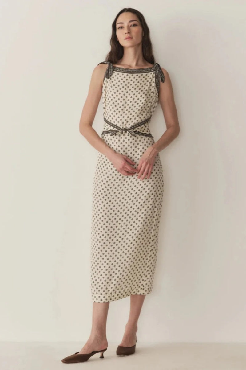 Rochie midi crem cu imprimeu geometric și bretele cu fundă