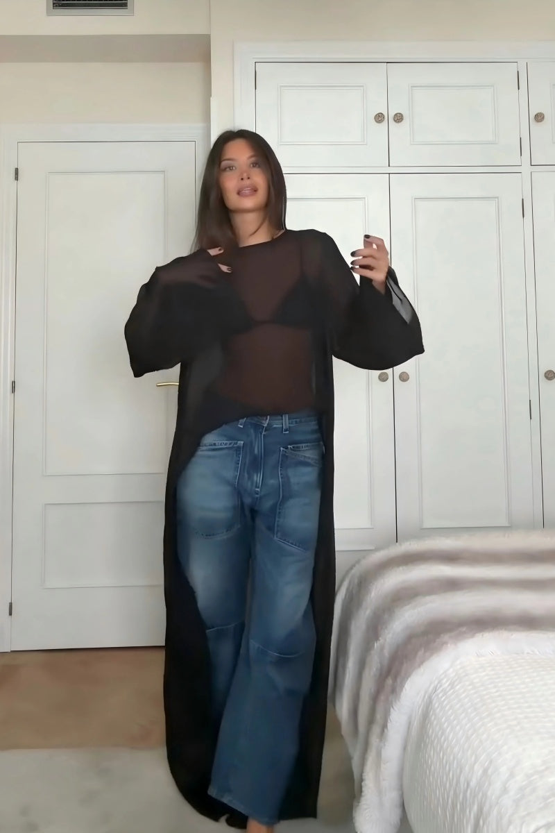Sheer Chiffon Cape Blouse & Curved Silhouette Jeans