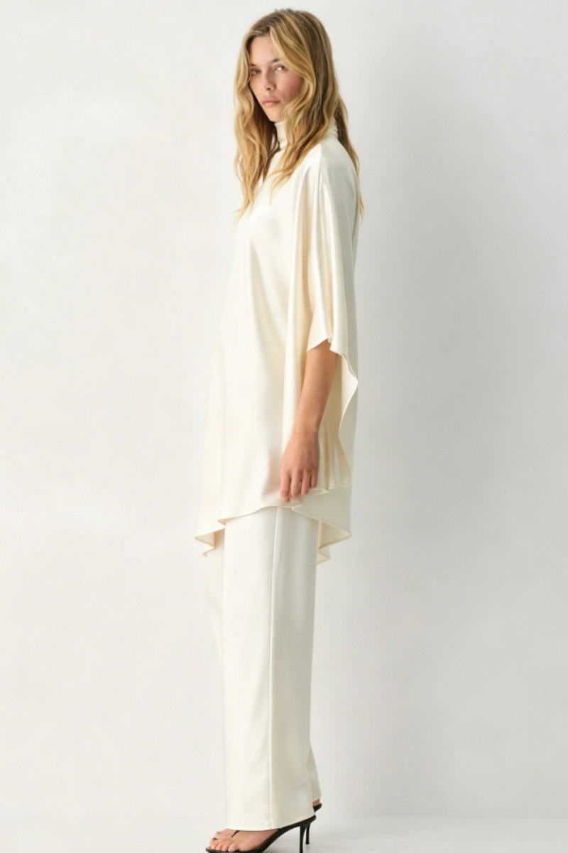 Cape Sleeve Satin Wide-Leg Set