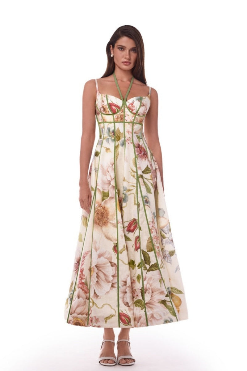 Krämfärgad blommig korsett-bustier midiklänning