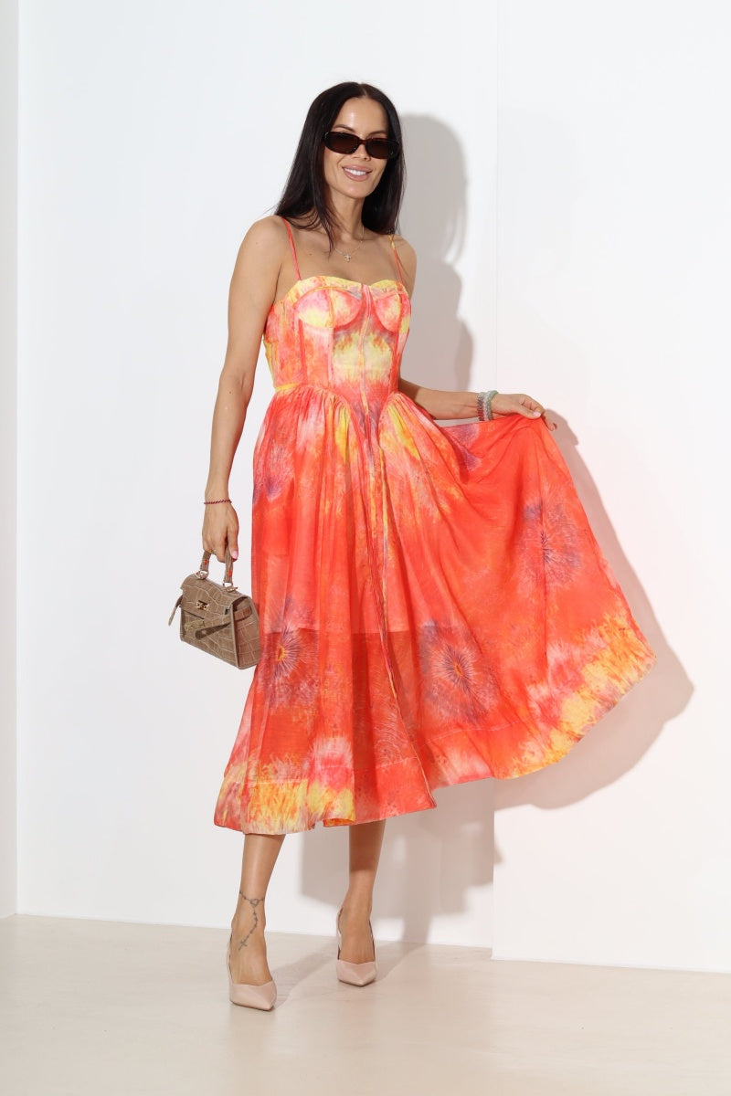 Rochie midi corset tie-dye în nuanțe de apus