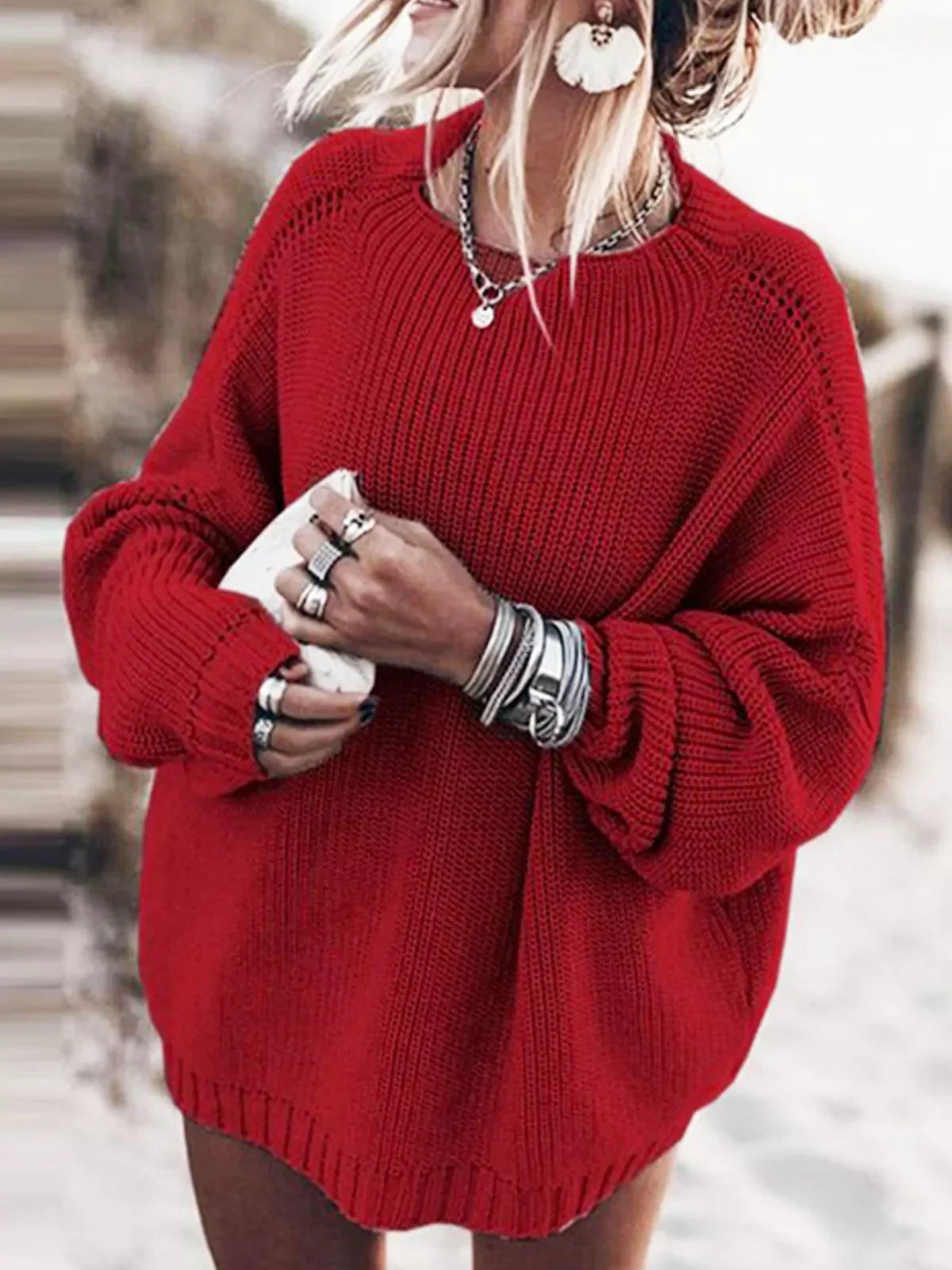 Oversized gebreide batwing trui & gerimpelde minirok set