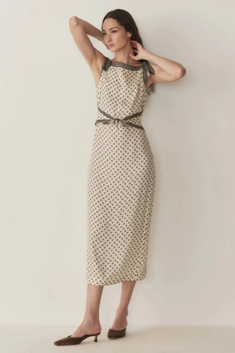 Rochie midi crem cu imprimeu geometric și bretele cu fundă