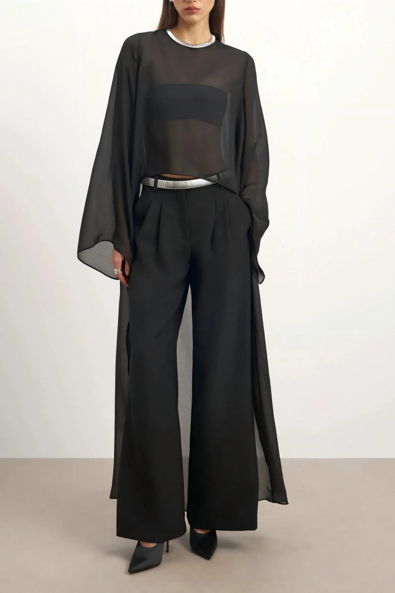 Sheer Chiffon Cape Blouse & Curved Silhouette Jeans