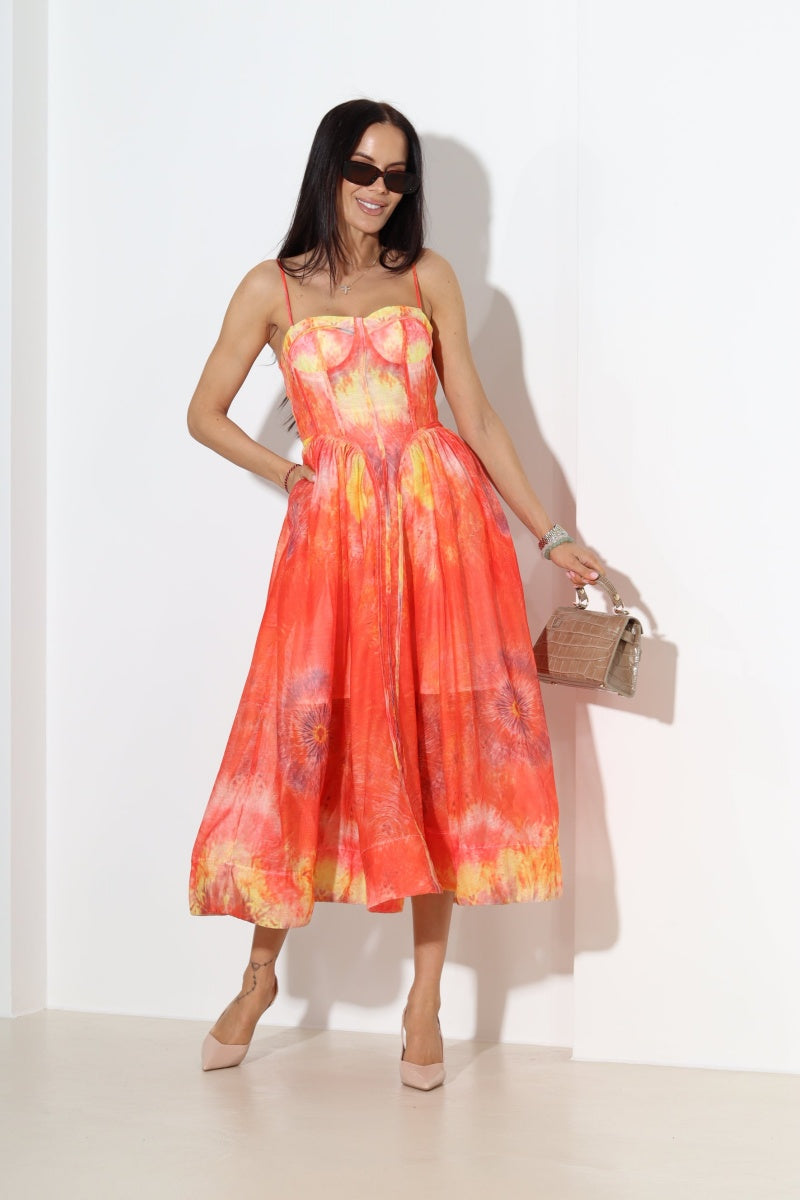 Rochie midi corset tie-dye în nuanțe de apus