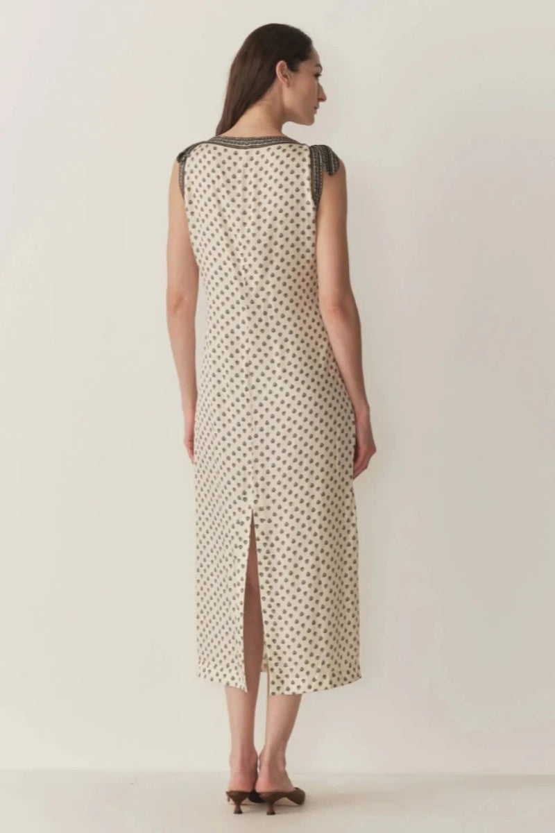 Rochie midi crem cu imprimeu geometric și bretele cu fundă
