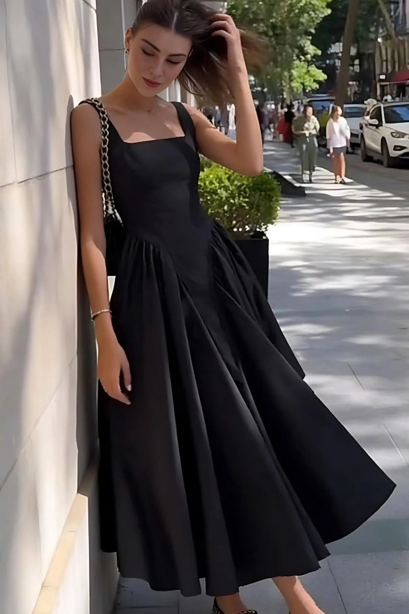 Black Square Neck Back Bow Midi Dress