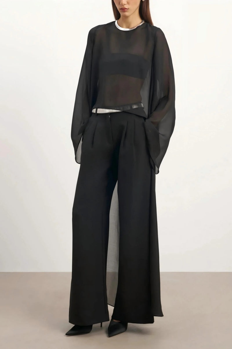 Sheer Chiffon Cape Blouse & Curved Silhouette Jeans