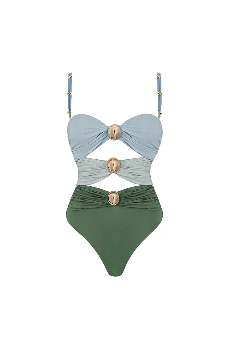 Morandi Green Colorblock High-Waist Swimsuit Set