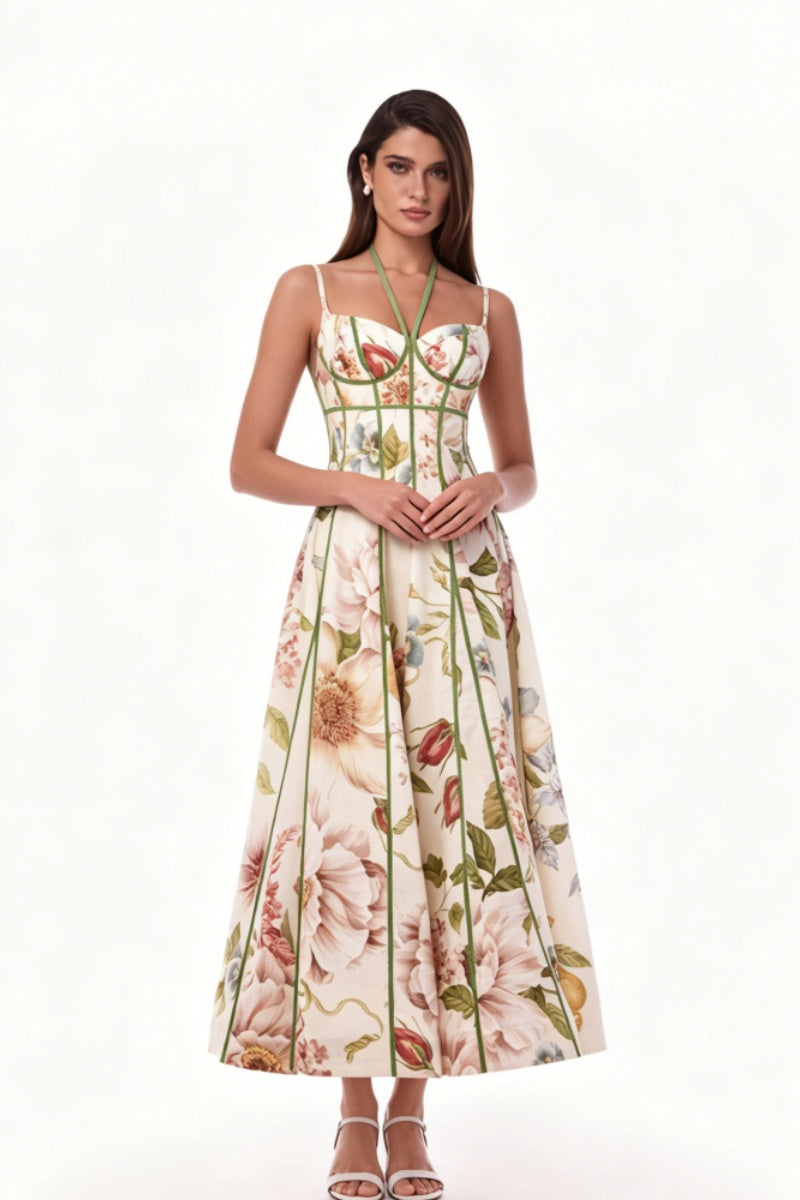Krämfärgad blommig korsett-bustier midiklänning