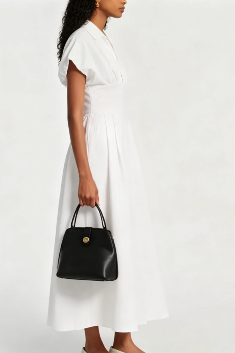 WHITE V-NECK PUFF SLEEVE MIDI DRESS