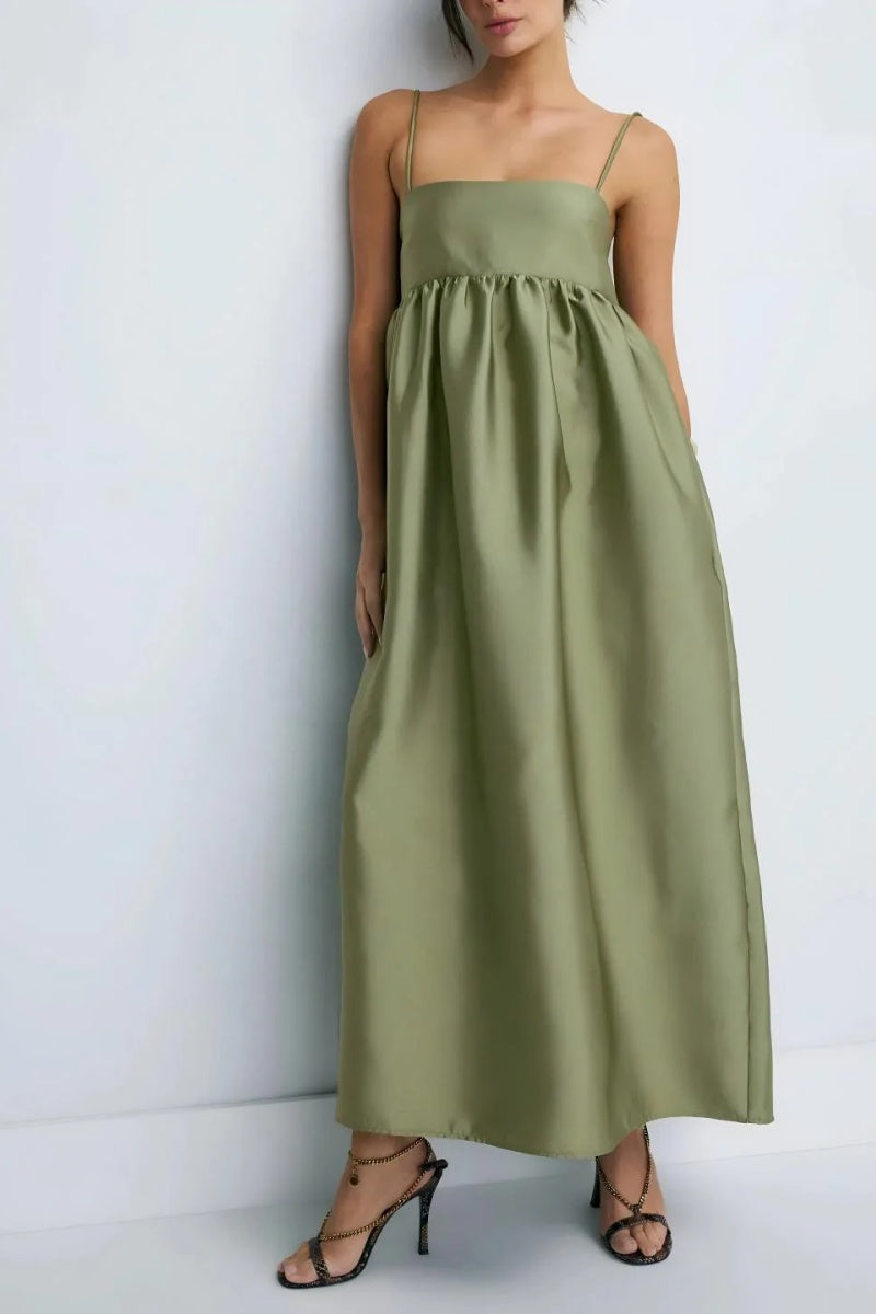 Minimalist Olive Green Babydoll Maxi Dress