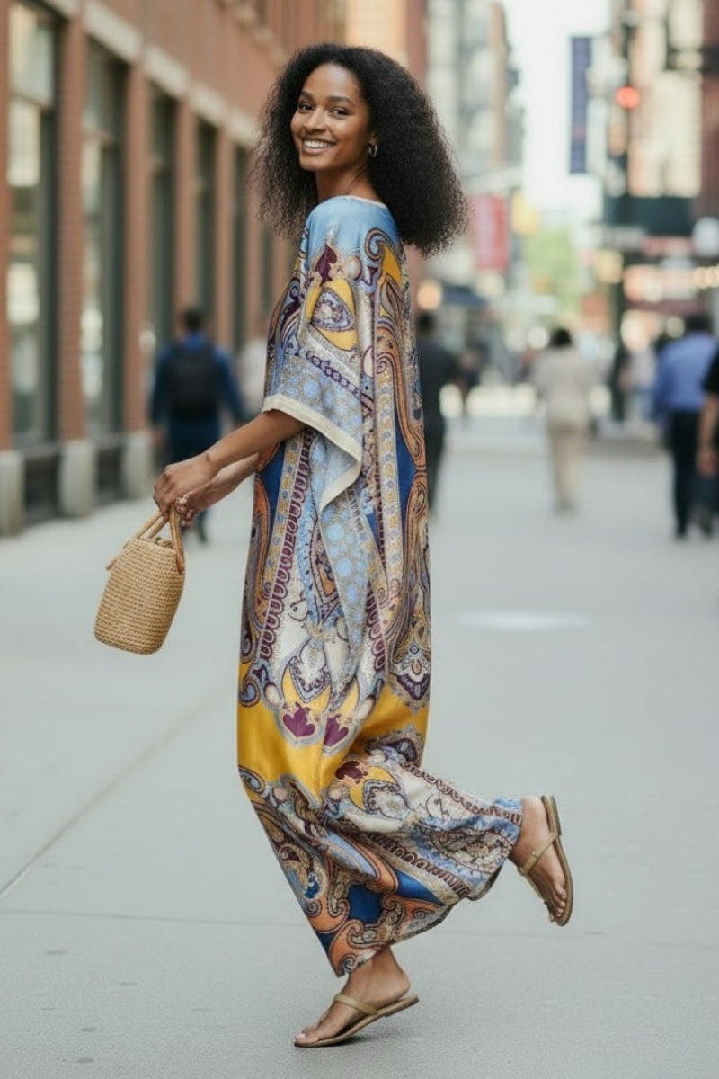 Bedrukte Off-Shoulder Vleermuismouw Kaftan Jurk