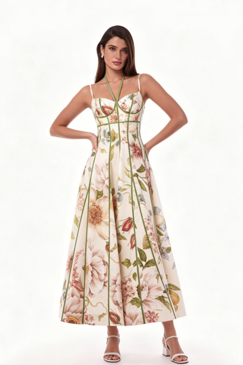 Krämfärgad blommig korsett-bustier midiklänning