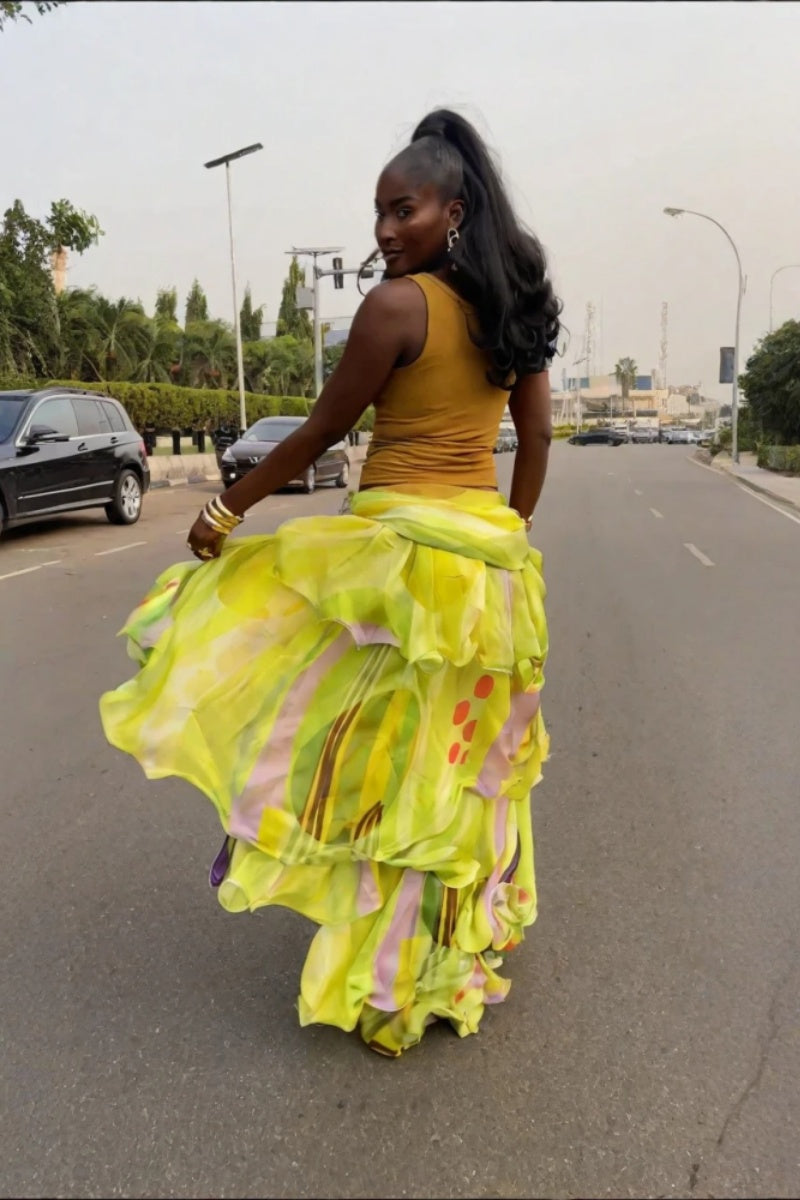 Lemon Yellow Abstract Ruffle Wrap Skirt
