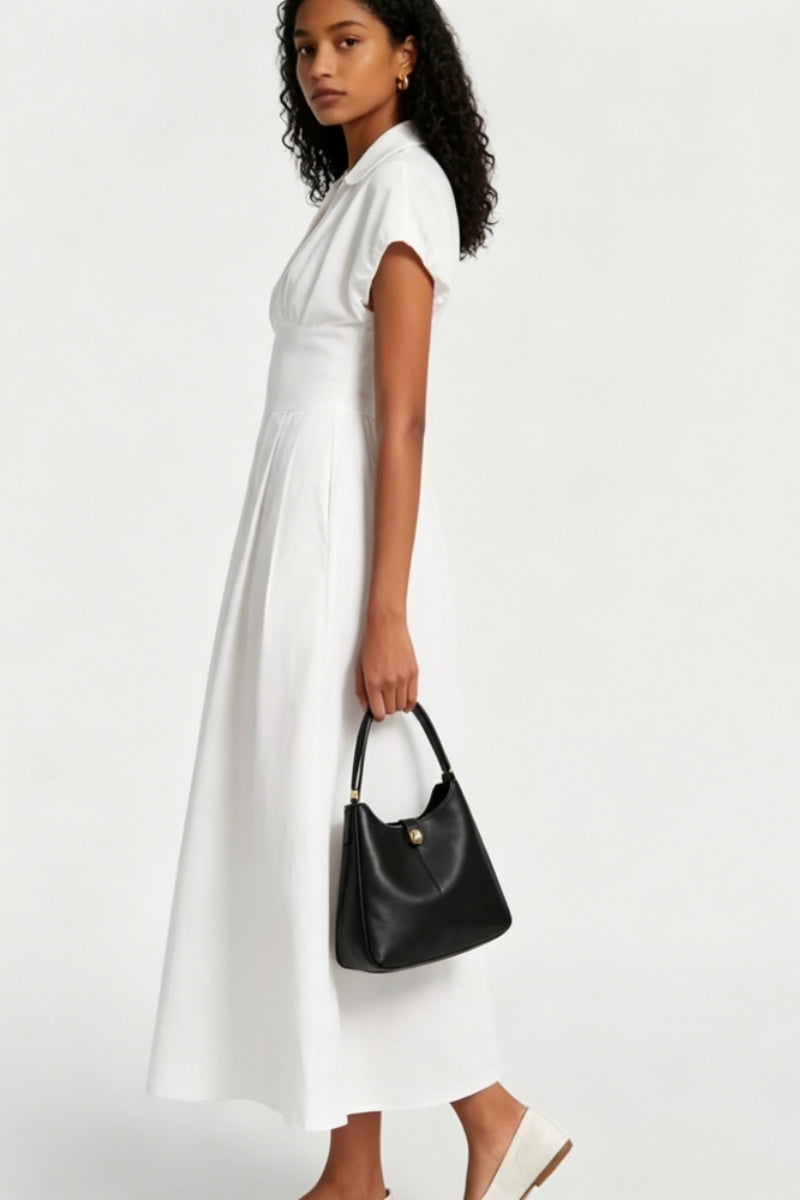 WHITE V-NECK PUFF SLEEVE MIDI DRESS