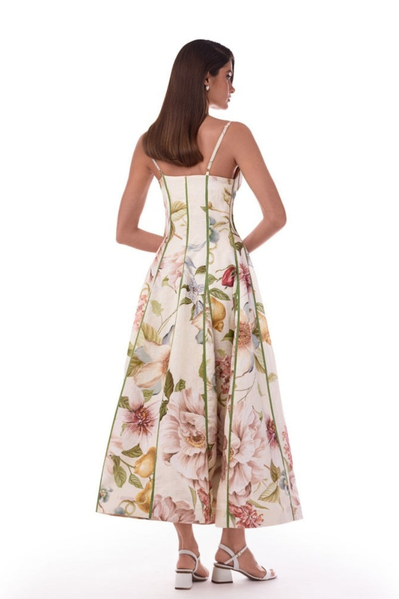 Krämfärgad blommig korsett-bustier midiklänning