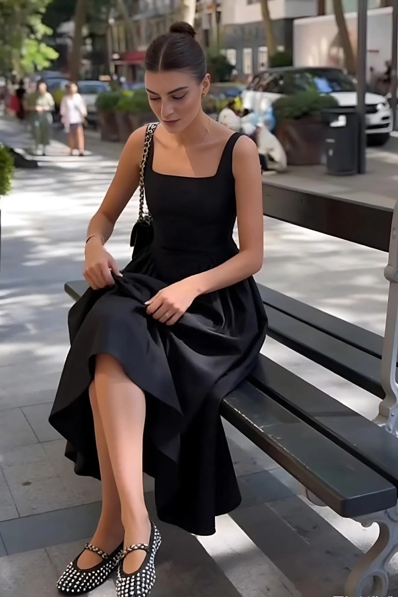 Black Square Neck Back Bow Midi Dress