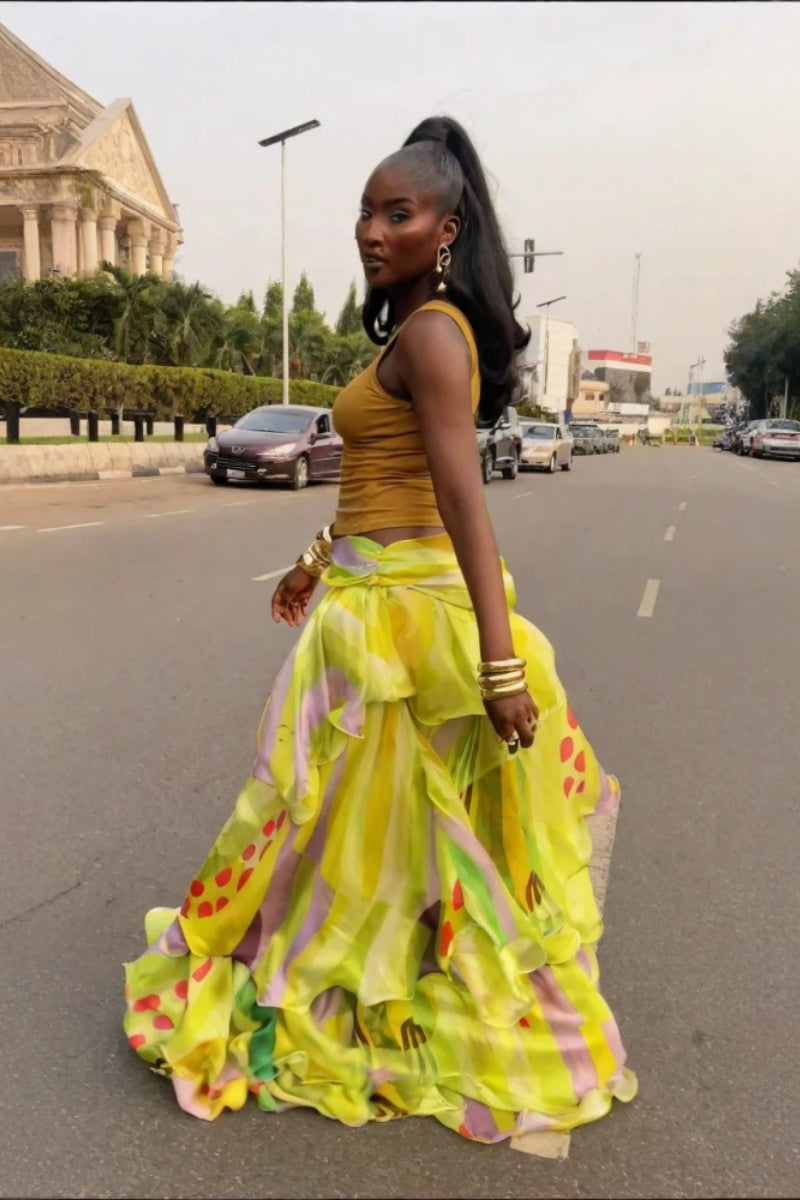 Lemon Yellow Abstract Ruffle Wrap Skirt