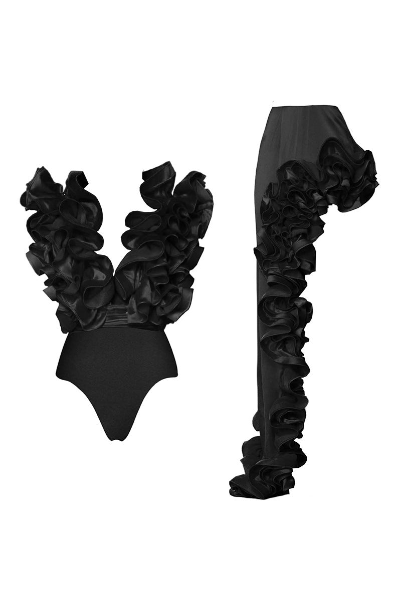 Ruffle V-hals Zwarte Badpak