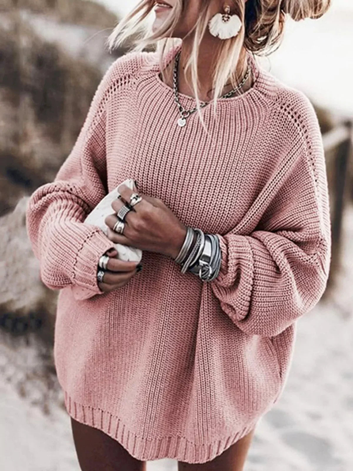 Oversized gebreide batwing trui & gerimpelde minirok set