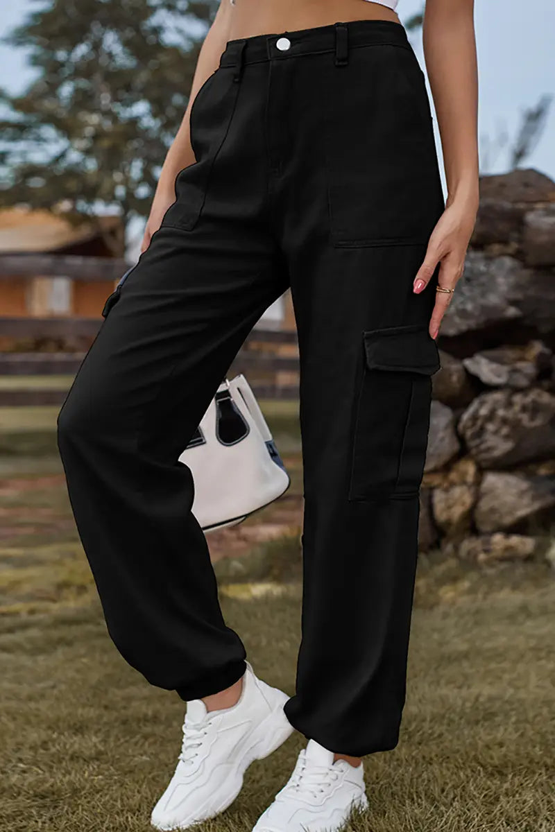 Elastic-Cuffed Versatile Cargo Denim Pants