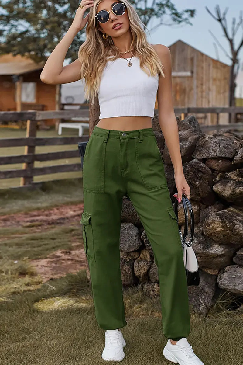 Elastic-Cuffed Versatile Cargo Denim Pants