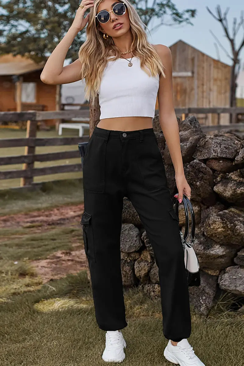 Elastic-Cuffed Versatile Cargo Denim Pants