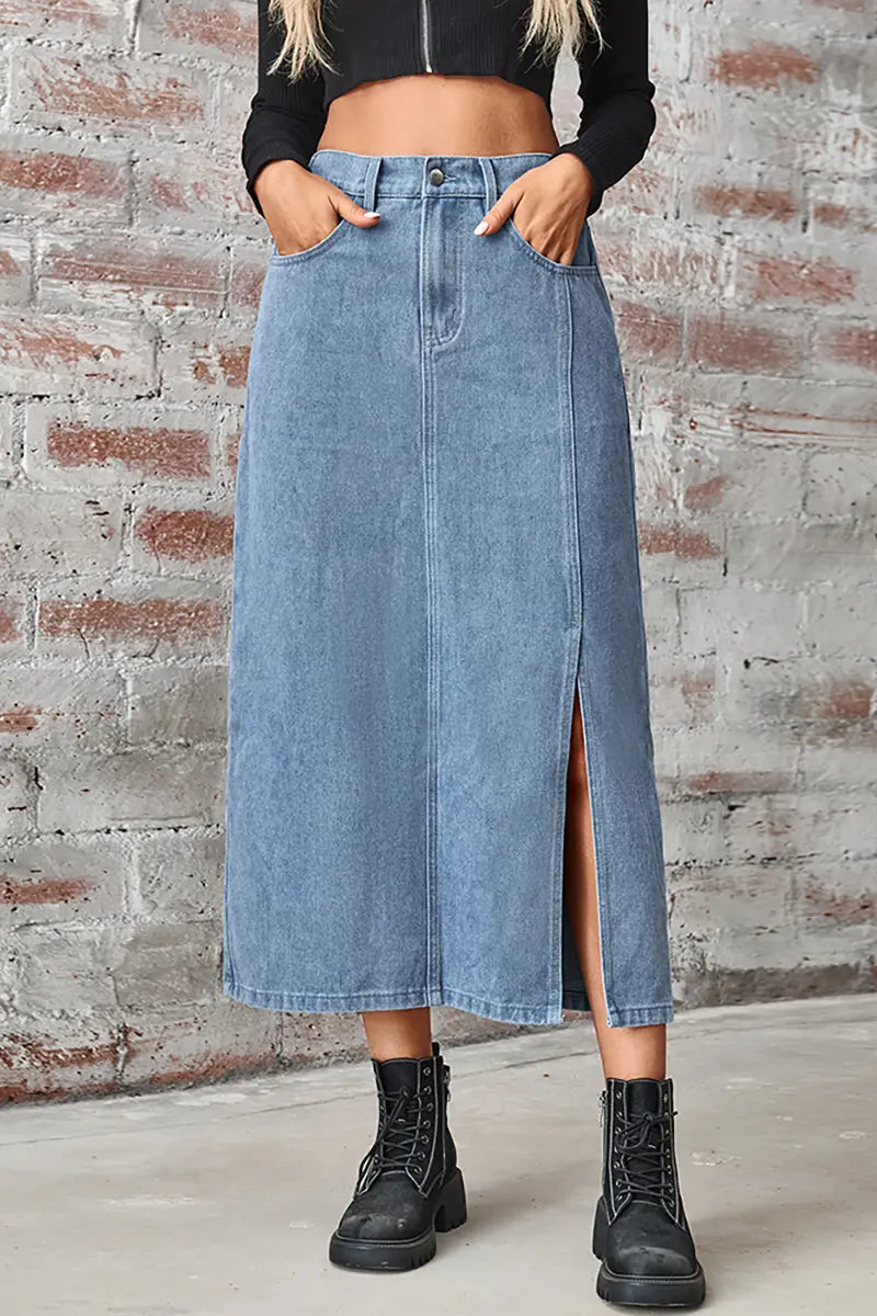 Elastic Waist Split Denim Skirt