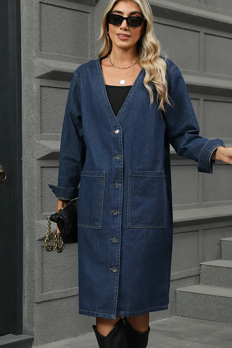Washed Denim Long Coat Trench Jacket