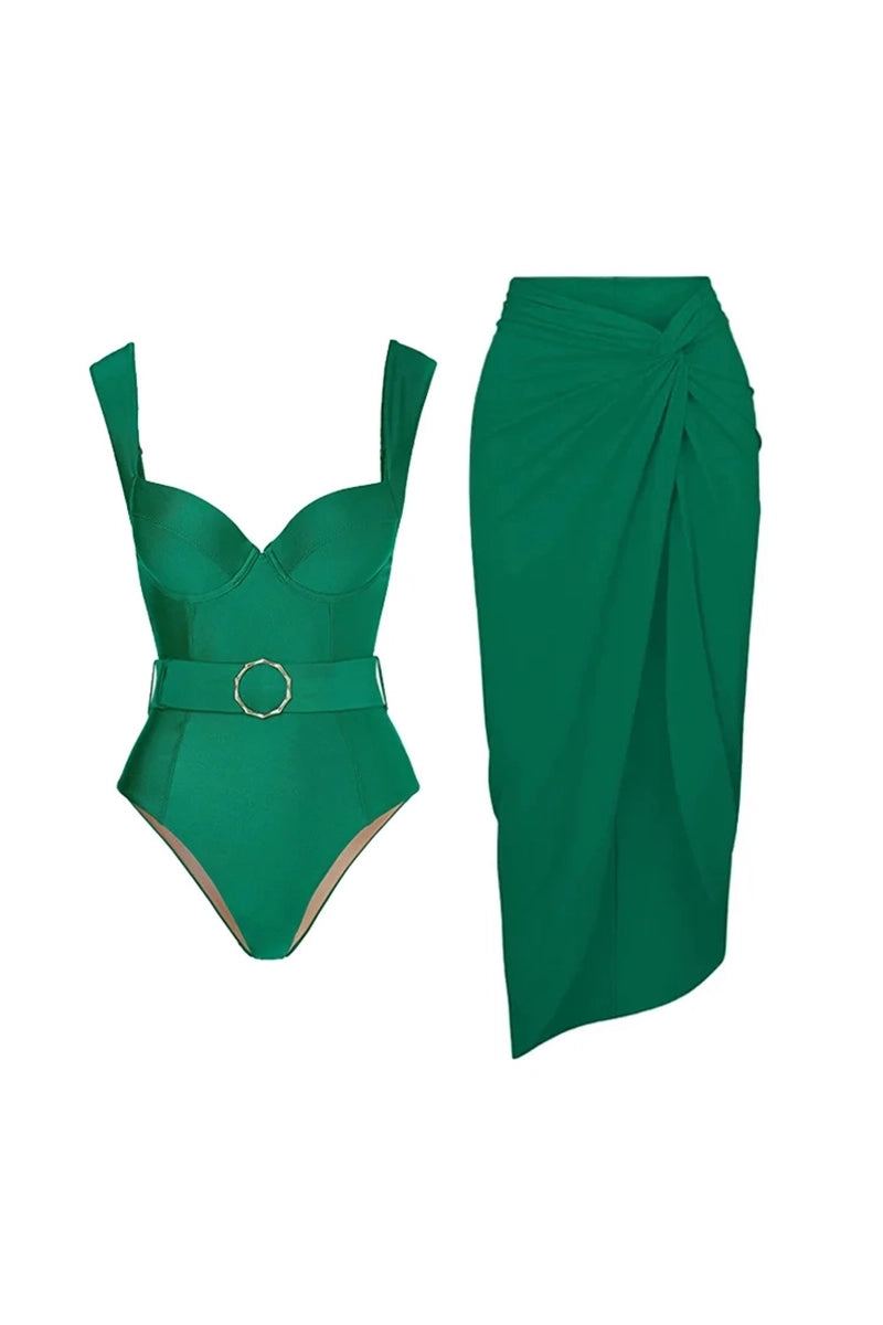 Effen Kleur Elegante Eendelige Badpak Set