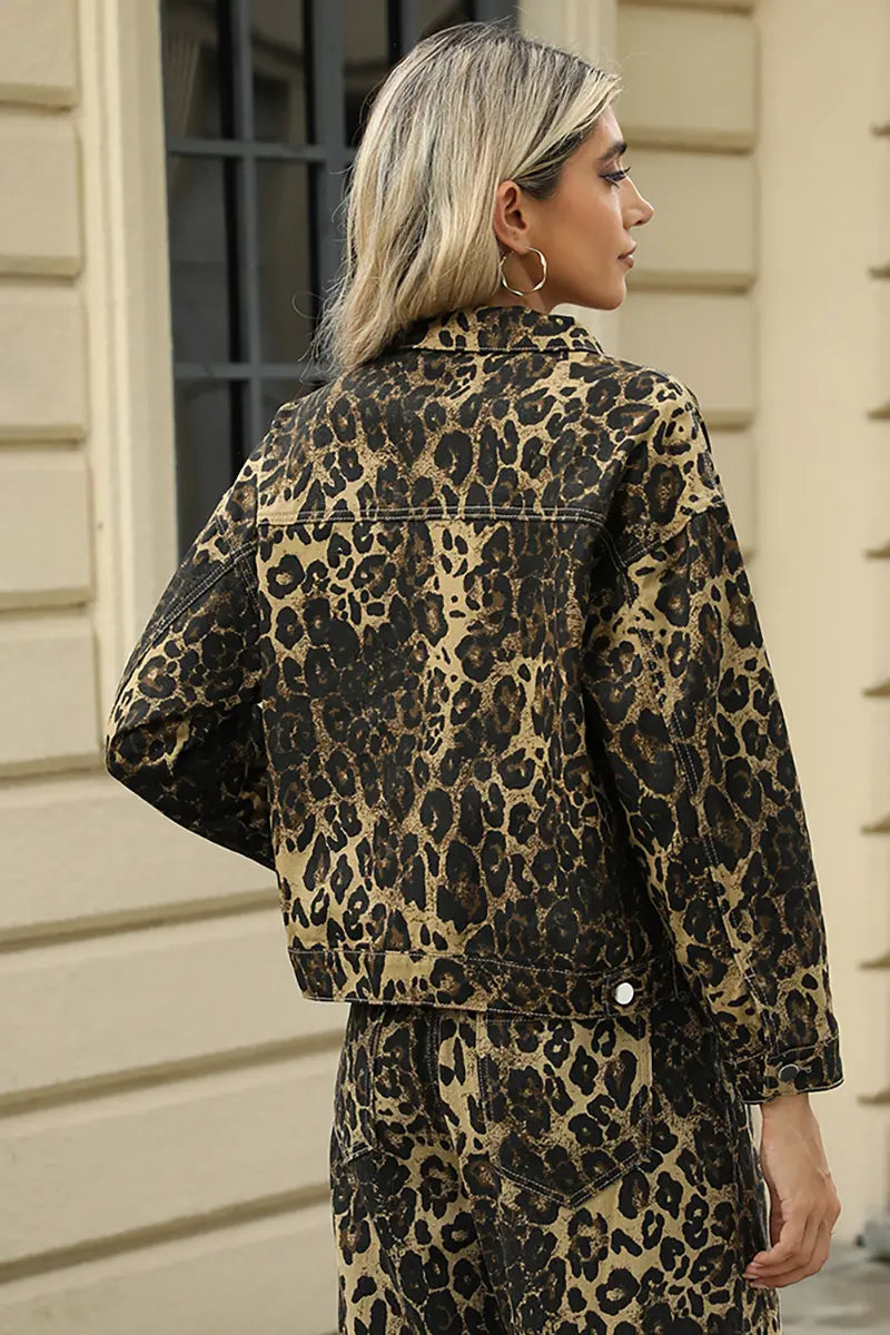 Fashion Leopard Print Denim Jacket Set