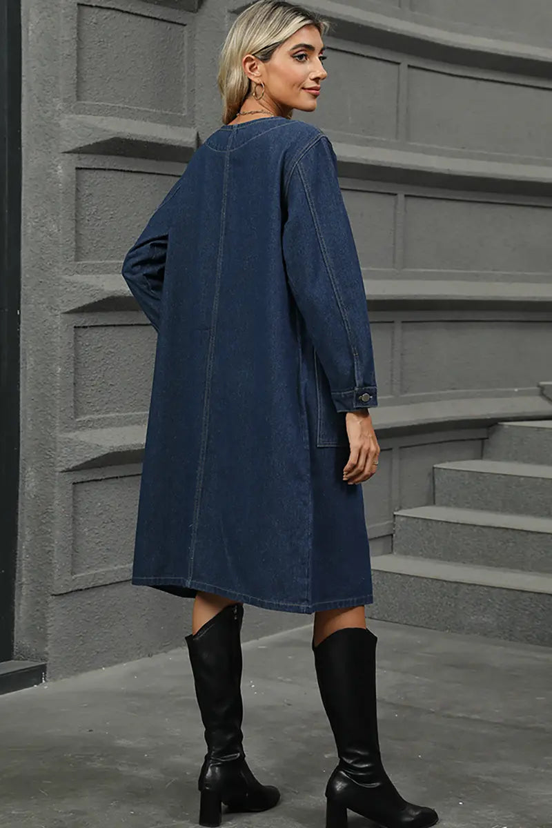Washed Denim Long Coat Trench Jacket