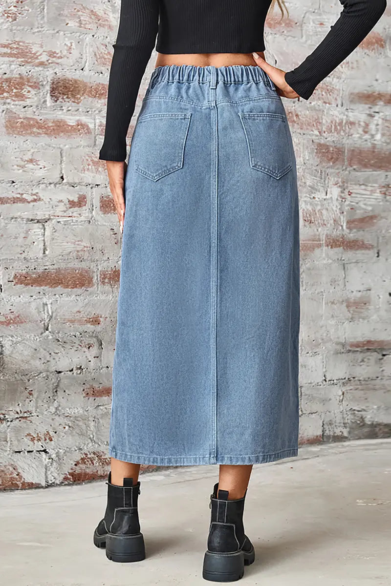 Elastic Waist Split Denim Skirt