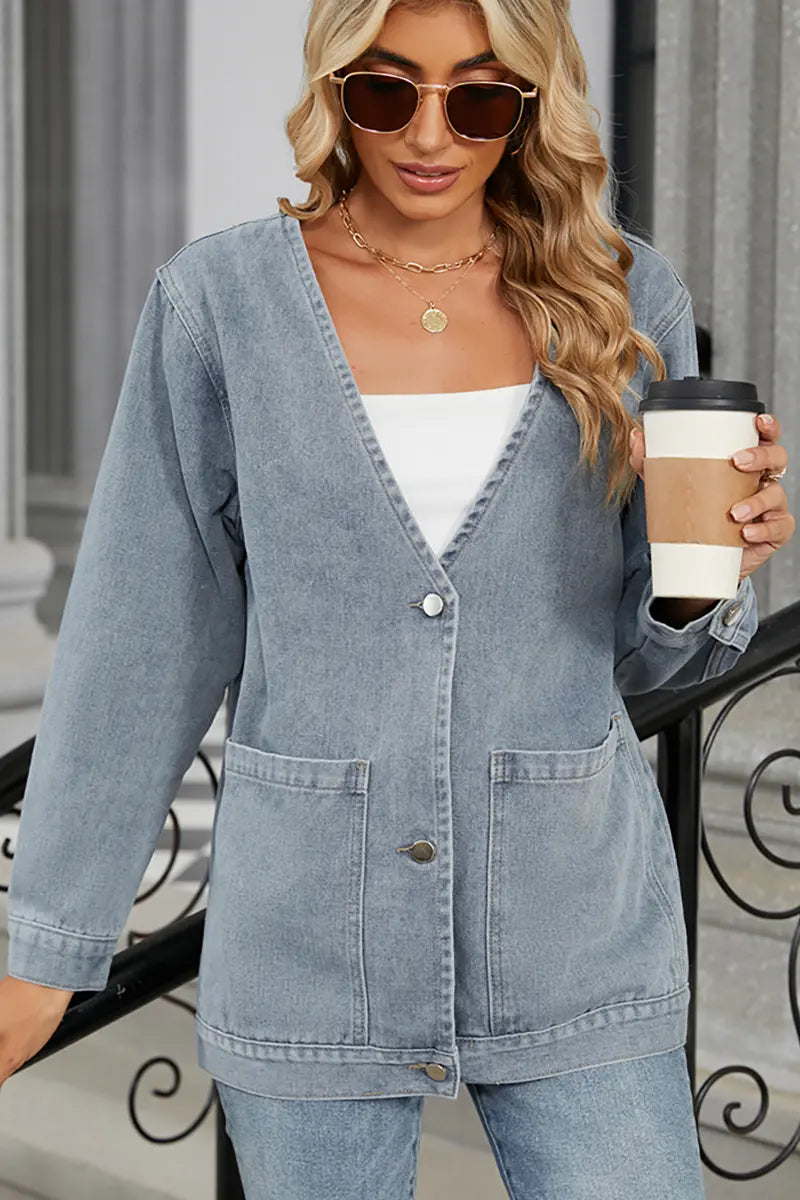 V-Neck Long-Sleeve Denim Jacket