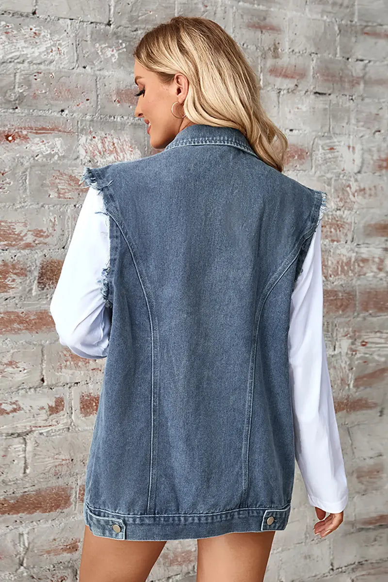 Gewassen denim mouwloze cardigan