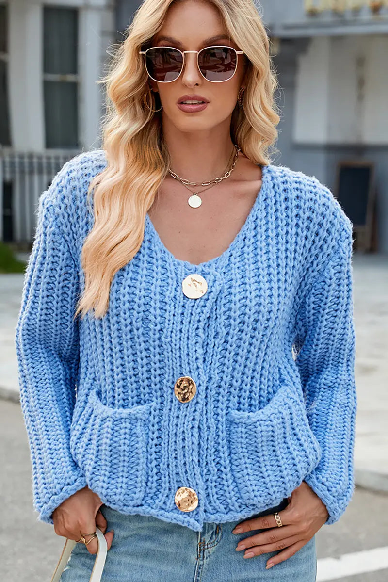 V-Neck Button-Up Knit Cardigan