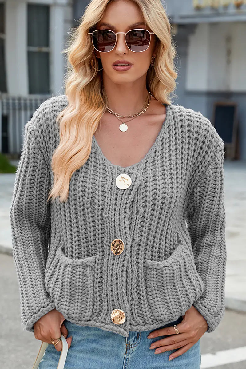 V-Neck Button-Up Knit Cardigan