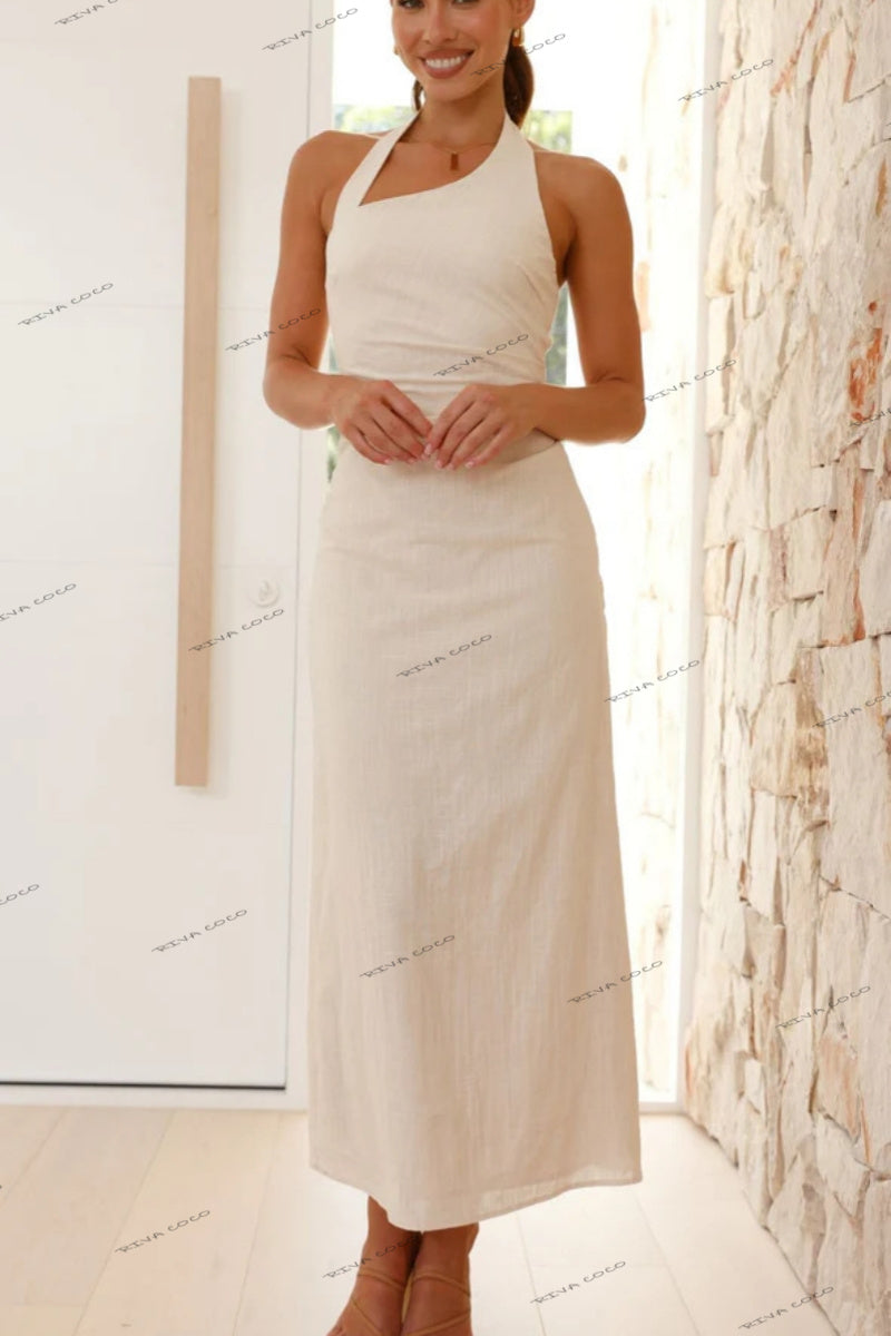 Casual Solid Color Sleeveless Backless Halter Midi Dress
