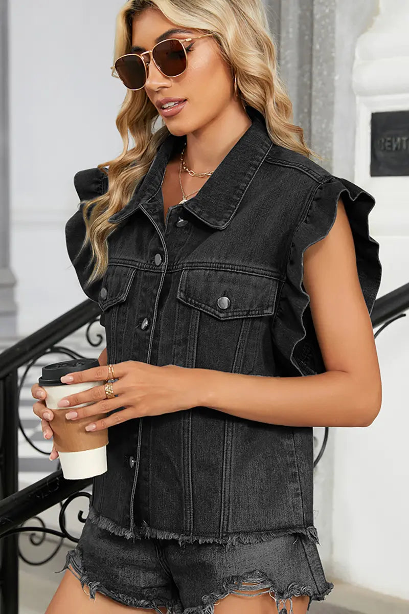 Gewassen denimvest met ruches aan de rand