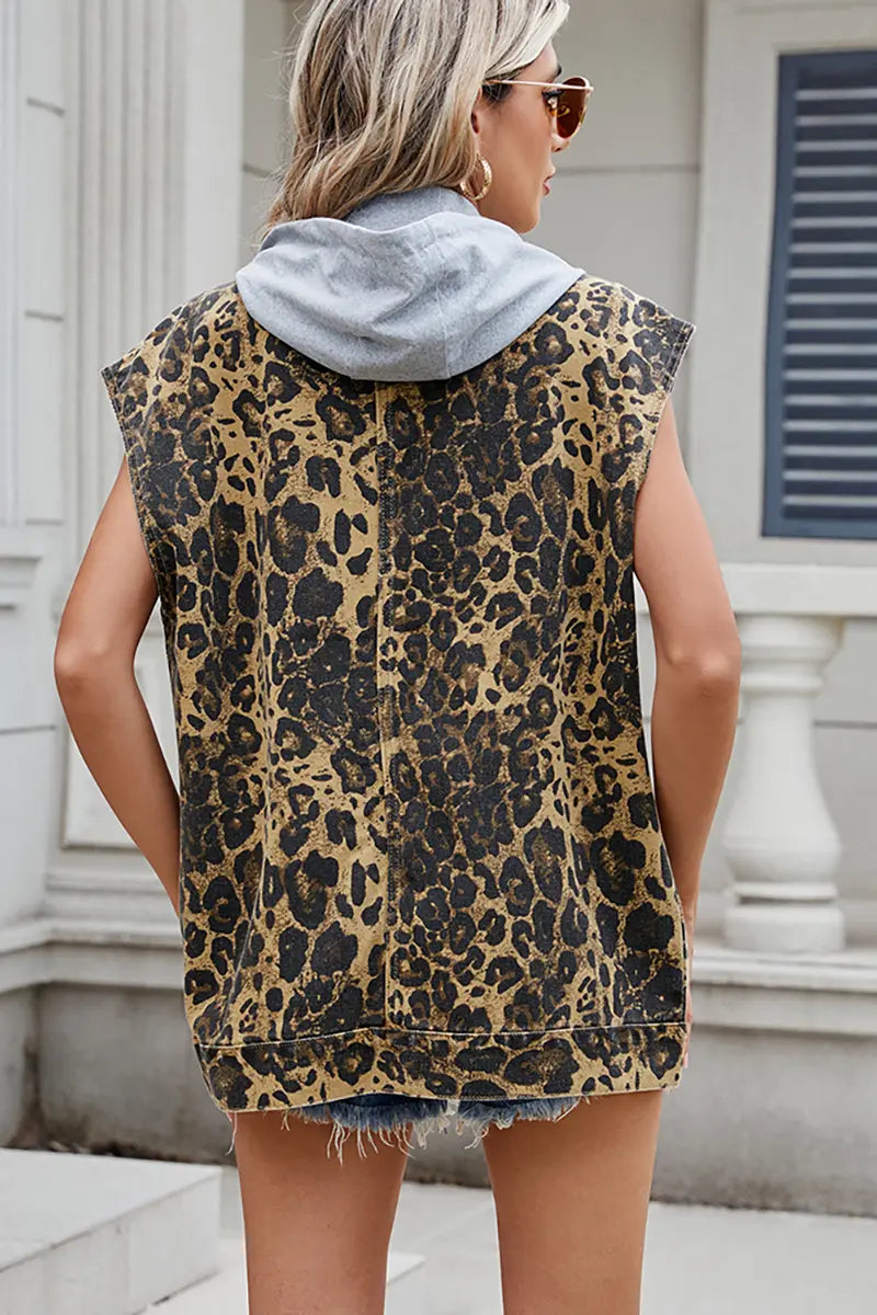 Denim Leopard Print Hooded Vest