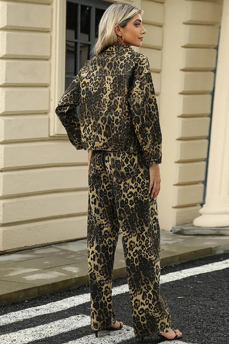 Fashion Leopard Print Denim Jacket Set