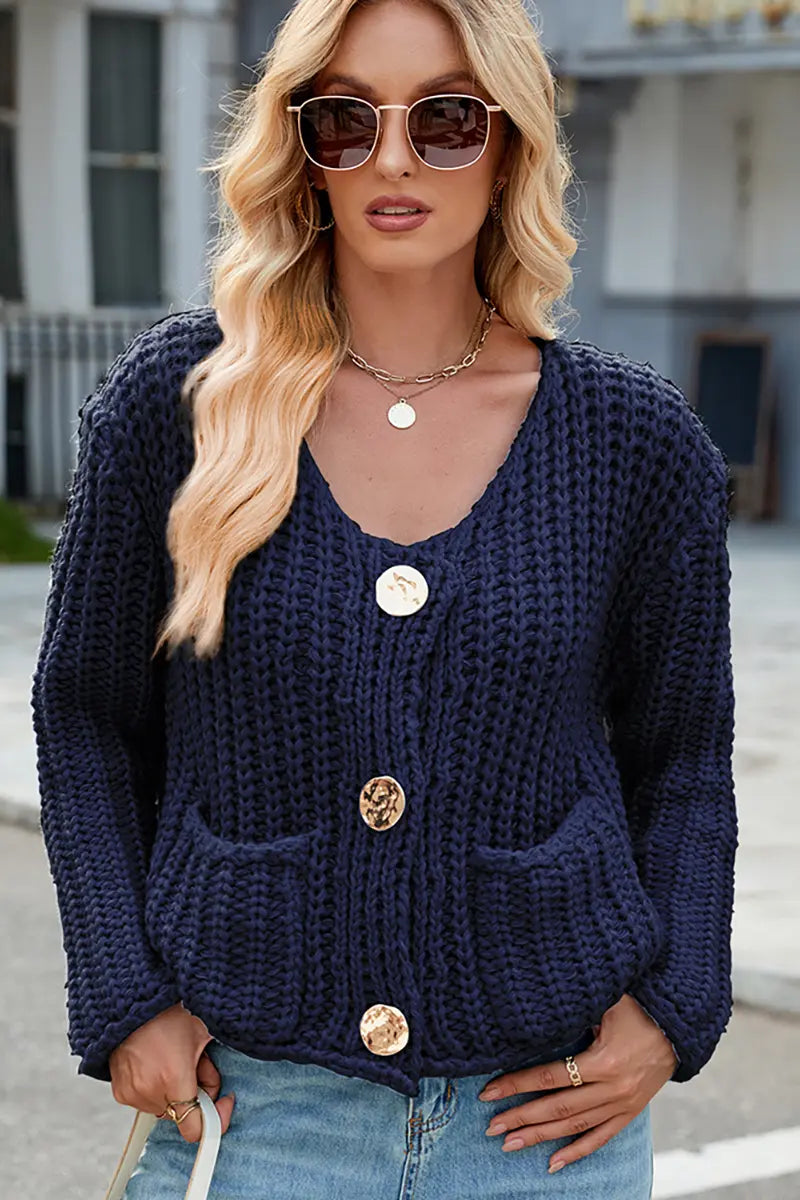 V-Neck Button-Up Knit Cardigan