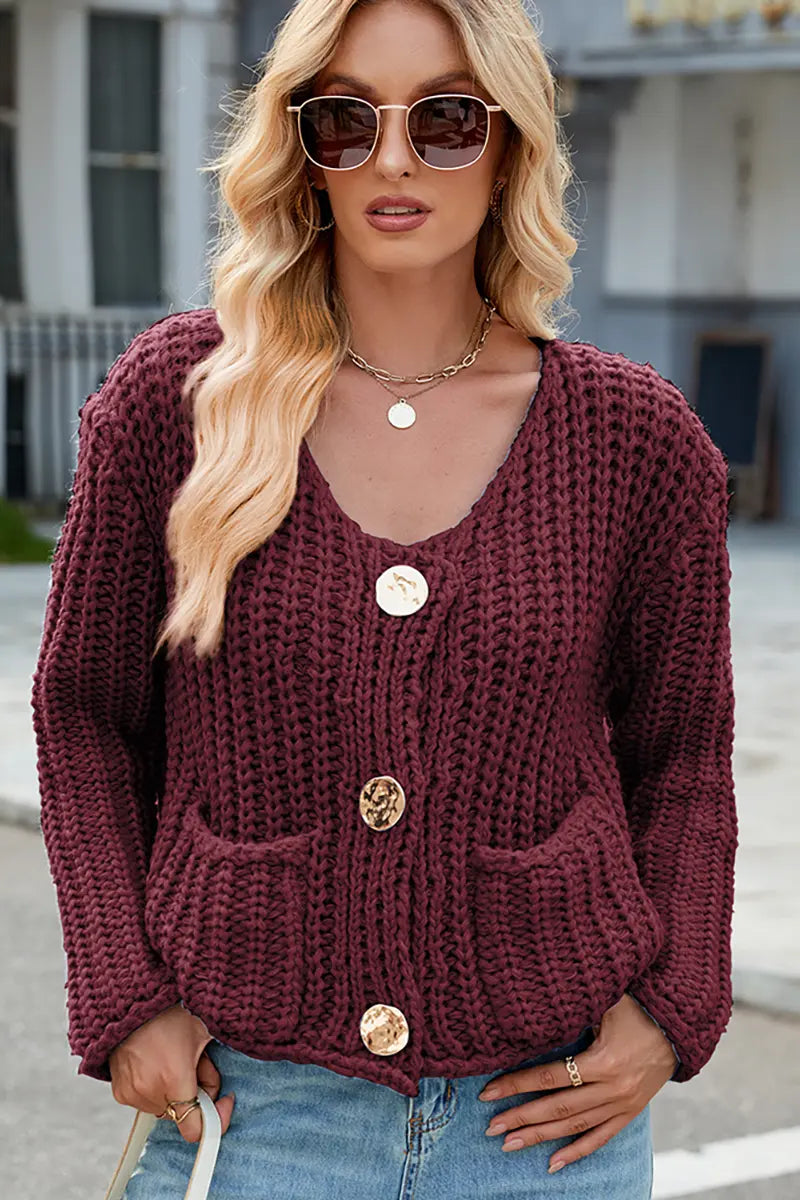 V-Neck Button-Up Knit Cardigan