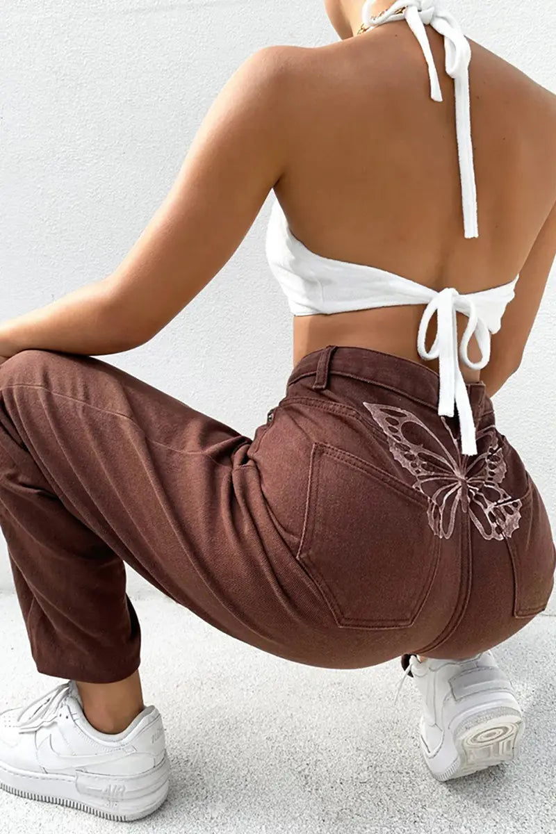 High-Waisted Printed Denim Pants
