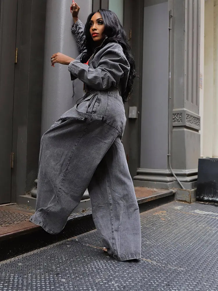 Vintage denim tweedelig met wijde pijpen