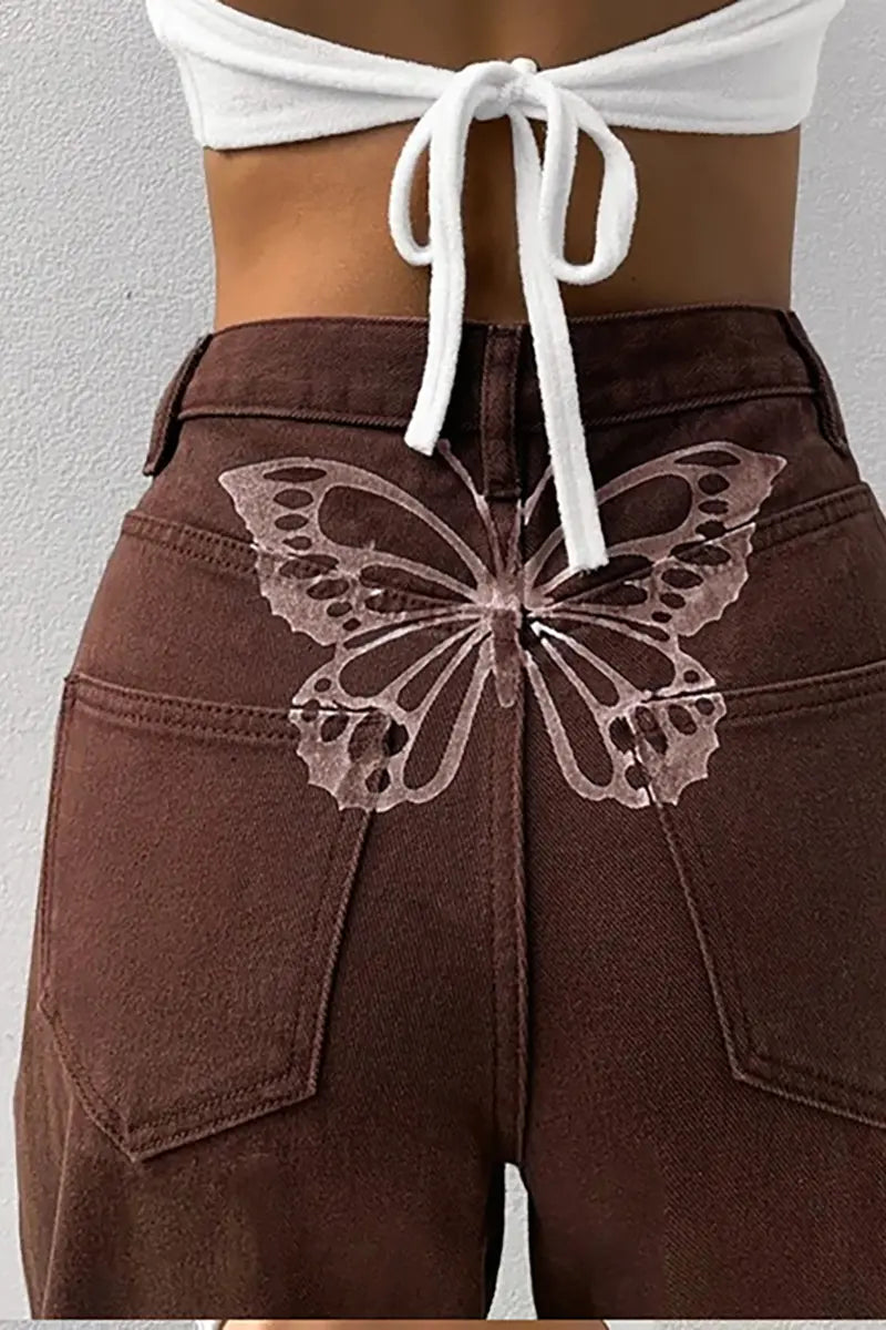 High-Waisted Printed Denim Pants